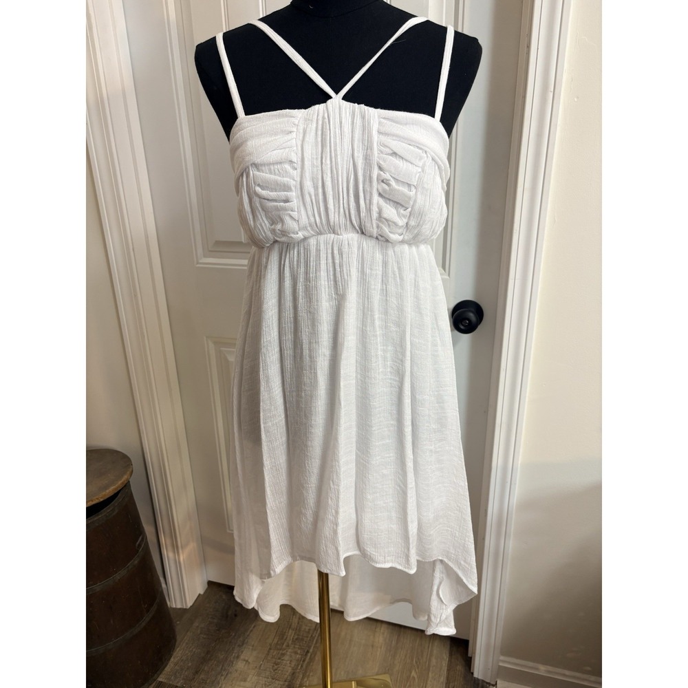 Poetry White Midi Dress L Ruched Bust High Low Hem Boho Coastal Cottagecore